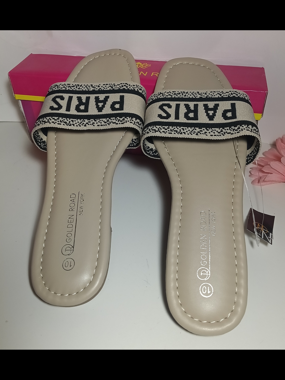 Golden Road New York "PARIS" Embroidered Canvas Slide Sandals - Beige Size 10 - Picture 4 of 6